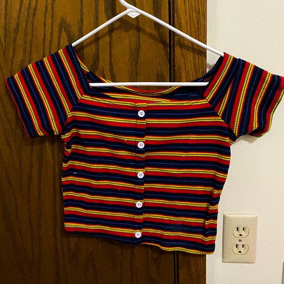 Cropped striped semi-off-shoulder t-shirt - Picture 1 of 2